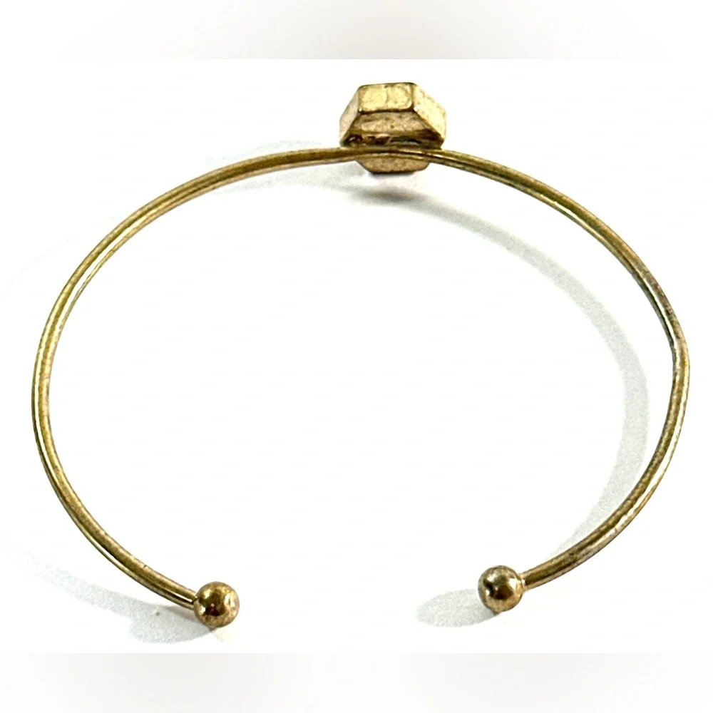 Brass Tone Bangle Bracelet W/Blue Drusy Quartz Stone Adjustable - Picture 6 of 6